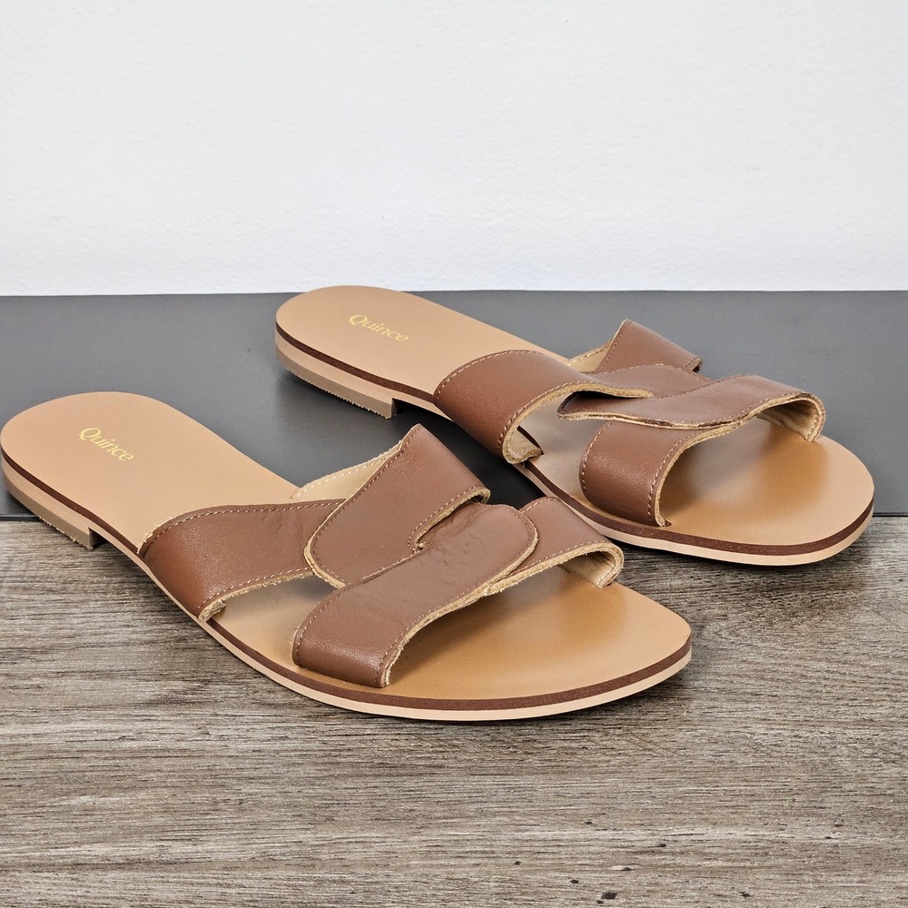 Quince Womens Sandals Size 8 Brown Italian Leather Cut Out Slide H-Strap Flat
